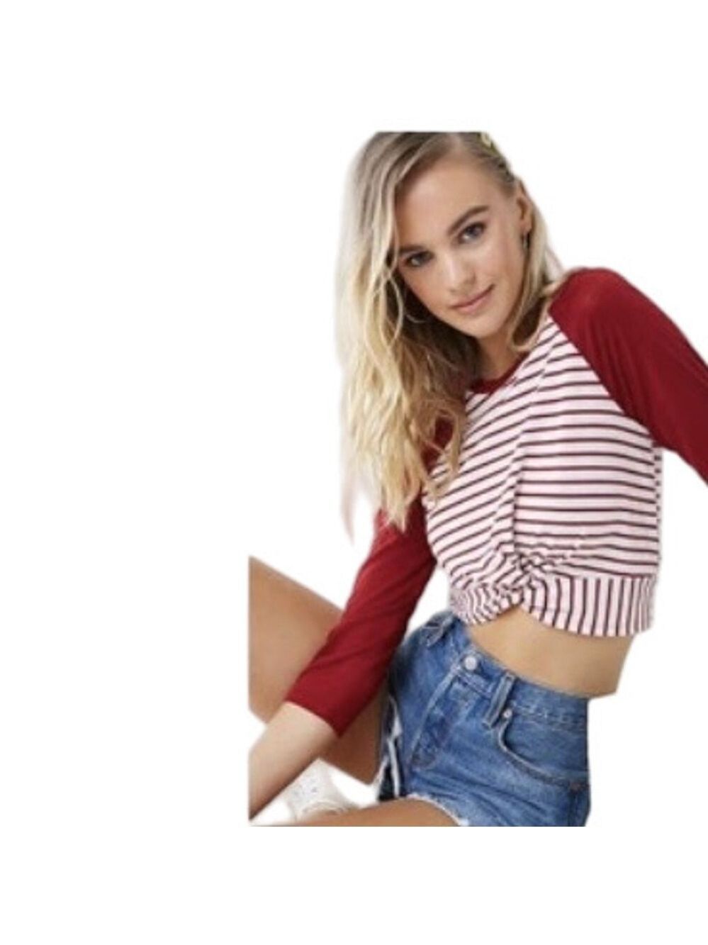 Forever 21 NEW 3/4 Length Sleeve Striped Cropped Raglan Knit Top Burgundy Cream